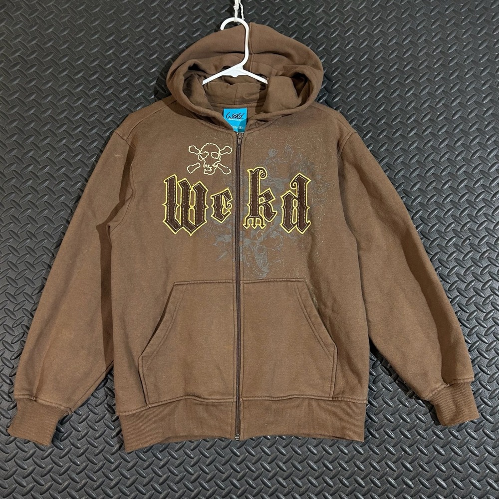Vintage WCKD Authentic Collection Zip Up Hoodie‎ Brown Skull Graphic Y2K Youth L